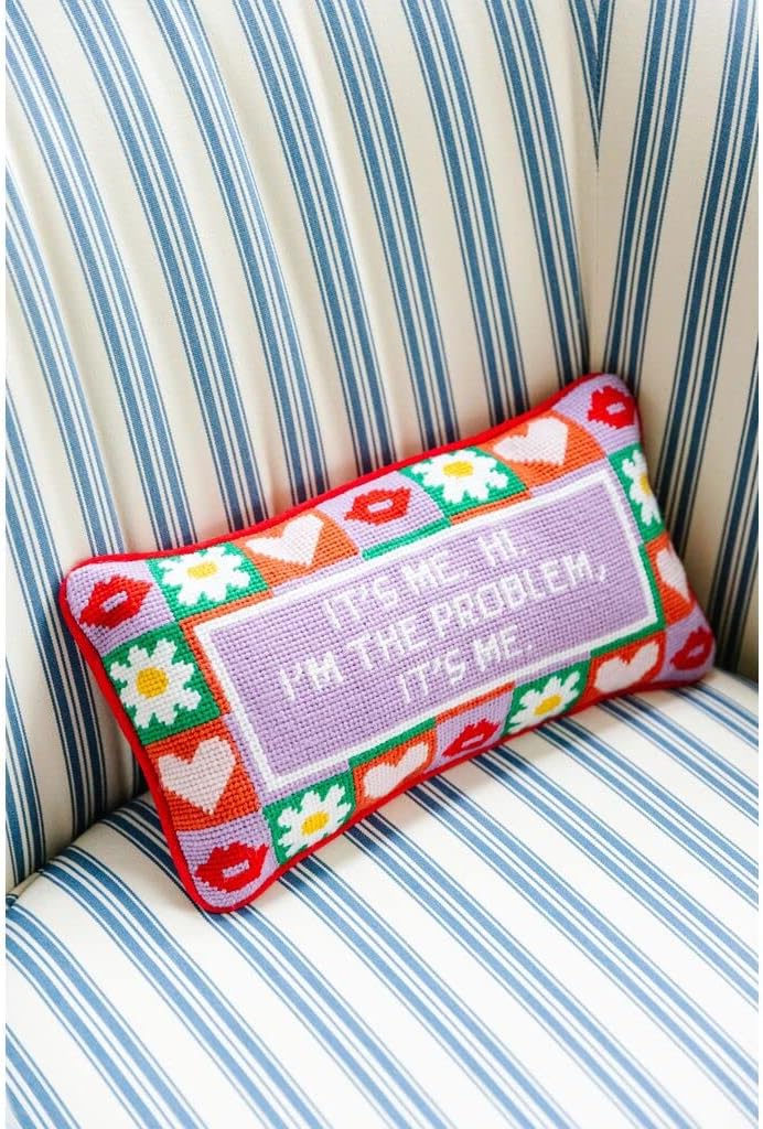 FURBISH Needlepoint Decorative Throw Pillow, Song Lyrics, Small Embroidered Accent Pillow for Bed, Chair, Couch, Sofa, Eclectic Home Decor (It's Me)