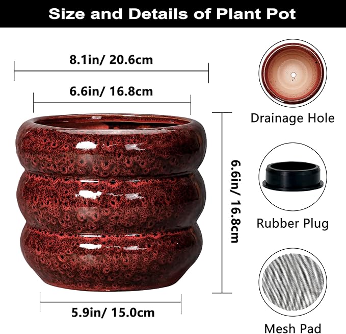 SQOWL Ceramic Flower Pots - 8 Inch Planter for Indoor Plants, Ceramic Plant Pot with Drainage Hole, Bubble Round Planter for Outdoor Plants, Office Home Desk Decor, House Warming Gifts, Red