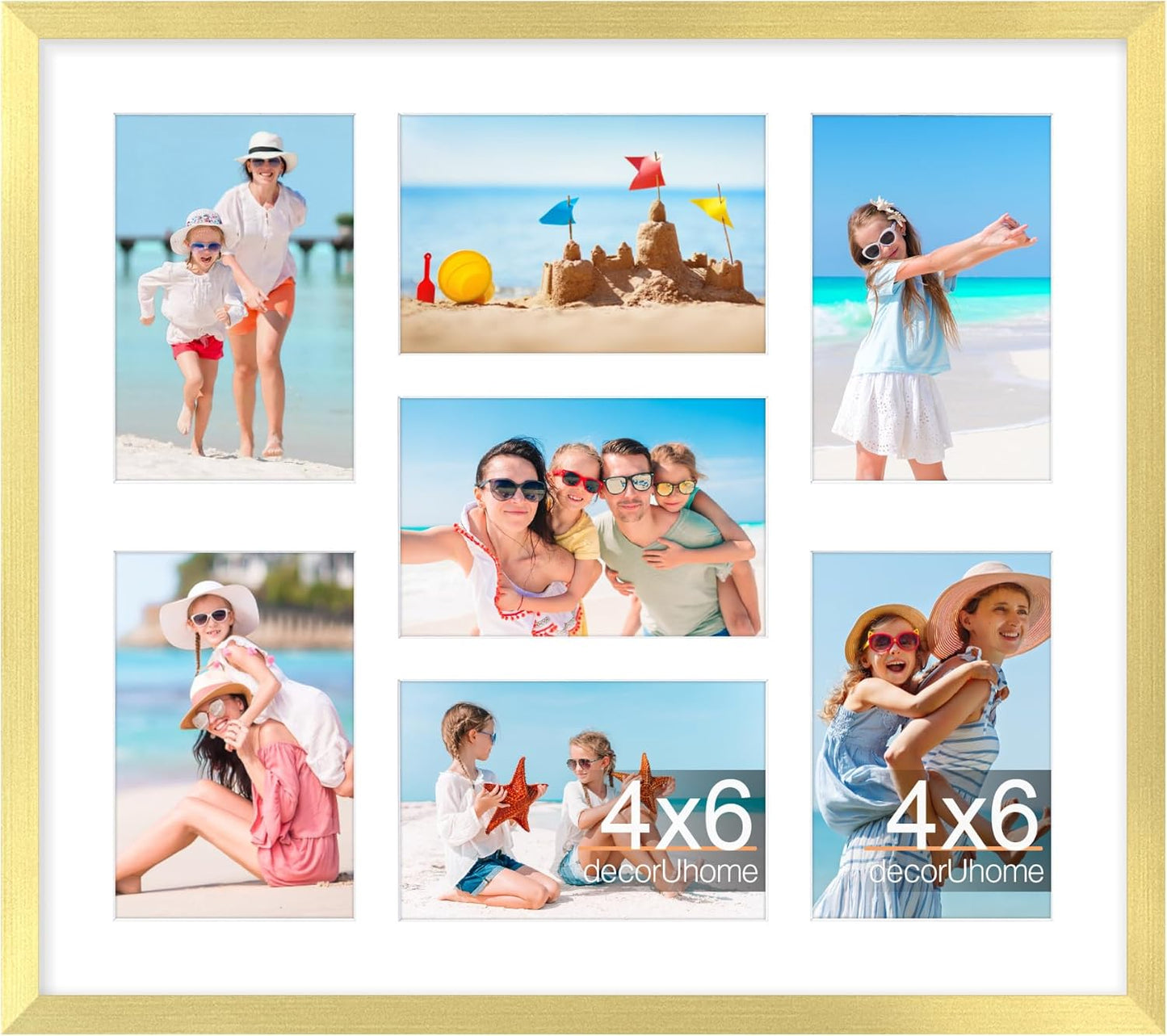 decorUhome 15x17 Picture Frames Collage Wall Decor, Display 7Pcs 4x6 Photos with Mat or 1Pcs 15x17 Unmatted, 7 4x6 Collage Picture Frames for Wall Mounting, Gold