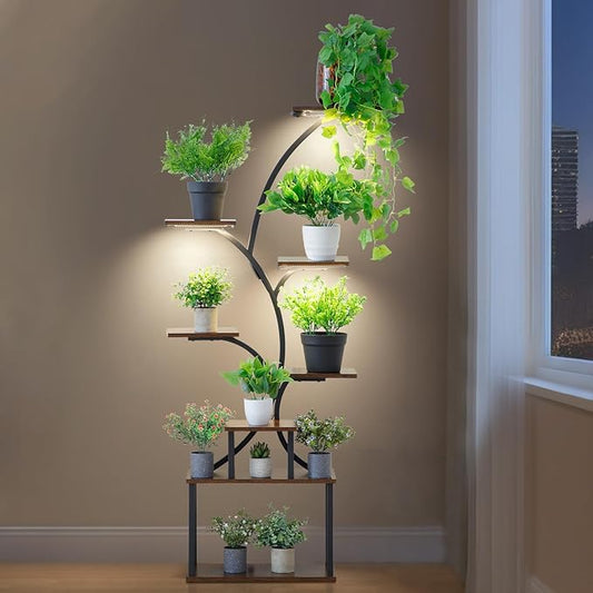 Plant Stand Indoor with Grow Light,8 Tiered Tall Plant Shelf for Multiple Plants, 62.2" Tall Plant Stands for Indoor Plants, Wooden Display Rack Holder, S-Shaped Plant Rack, Corner Flower Stand for Living Room, Garden, Patio