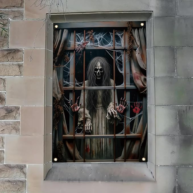 Window Cover Halloween 47x31 Inch Scary Skeleton Ghost Bloody Handprint Banner Creepy Window Decoration for Haunted House Indoor Outdoor Poster Porch Decor