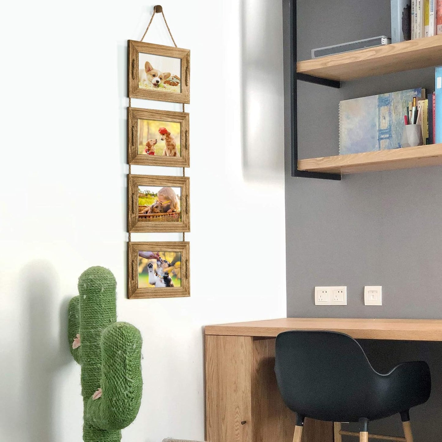 DLQuarts 5x7 Hanging Collage Picture Frames Wall Decor, 4-Opening 5x7 Matted to 3.5x5 Photo Rustic Wood Frame with Hemp Rope, 2 Pack, Carbonized Brown