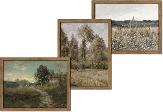 Hwetui Vintage Landscape Canvas Wall Art Framed Set of 3 Wildflower Field Poster Retro Rustic Farmhouse Prints Classical Nature Oil Painting Picture Home Decor for Living Room Bedroom Office 12x16in