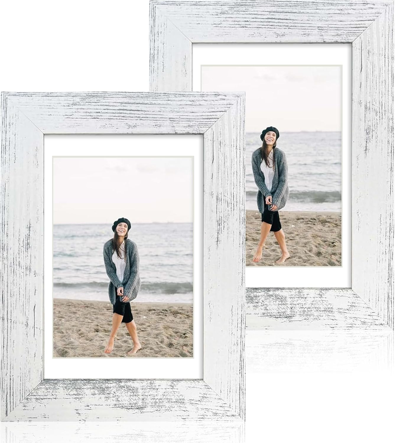 iRahmen 4x6 Picture Frame Set of 2, Distressed White Wood Photo Frame with HD Glass - Display Pictures 3.5x5 with Mat or 4 x 6 without Mat for Horizontal or Vertical Tabletop and Wall Mounting