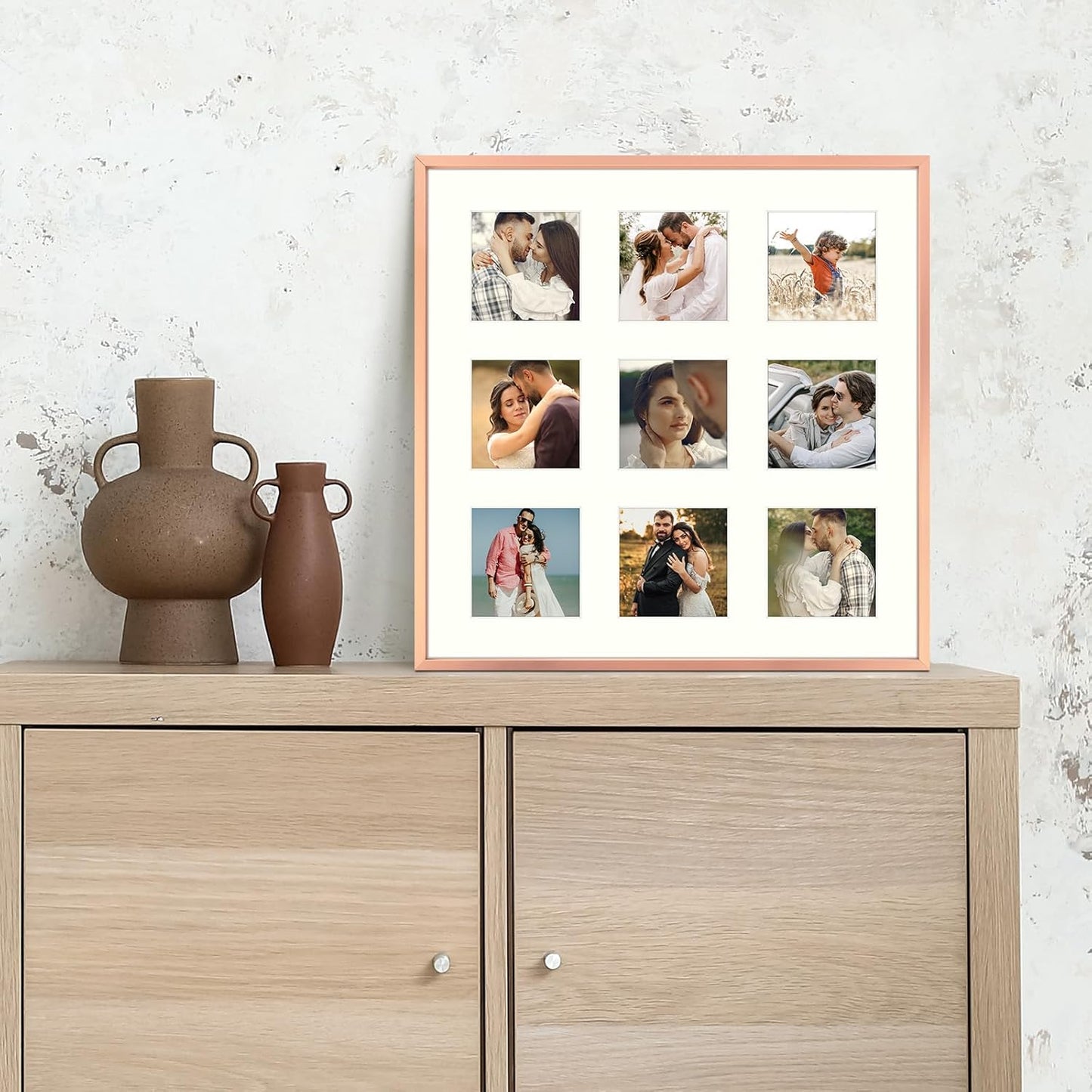 Frametory - 16x16 Aluminum Collage Picture Frame - Display 4x4 Pictures with 9 Openings Mat - Real Glass Front - Horizontal/Vertical Wall Mount - Rose Gold 1 Pack