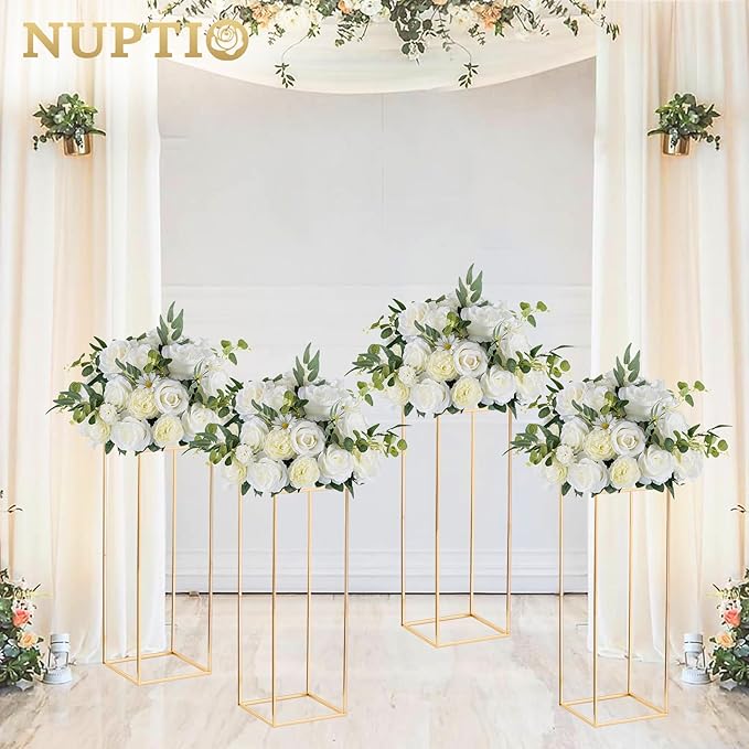 Nuptio 10 Pcs Gold Vase Metal Column Stand Road Lead Geometric Centerpiece Vase for Tables, 31½ inch Tall Floor Vases Decorative Tall Flower Rack for Home Event Party Wedding Decorations for Reception