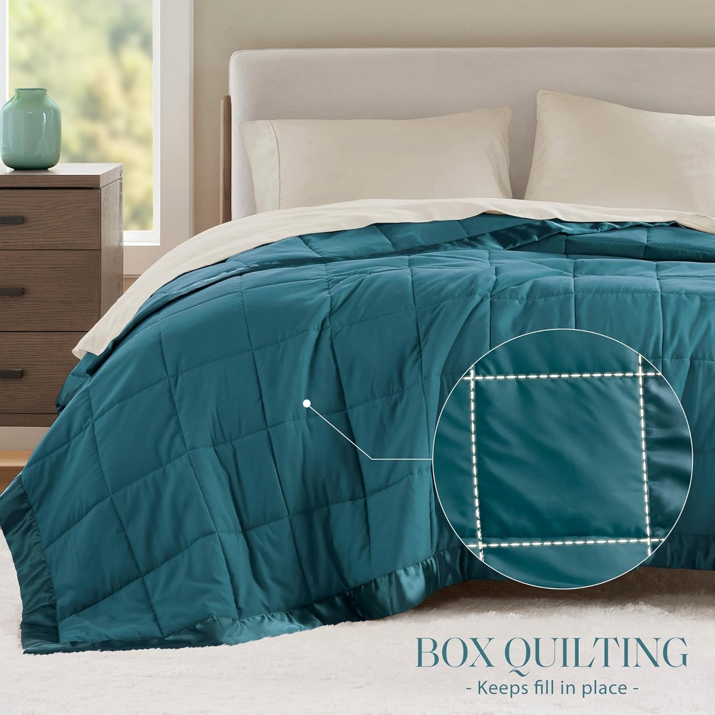 Madison Park Windom Down Alternative Blanket, Premium 3M Scotchgard Moisture Wicking Treatment, Lightweight and Soft Bed Cover For All Season, Satin Trim, Teal Full/Queen