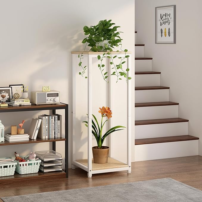 Plant Stand Indoor Corner Tall 2 Tier Metal Modern Flower Storage Plant Shelf Holder for Living Room Balcony Garden,White (2 Tier-White)