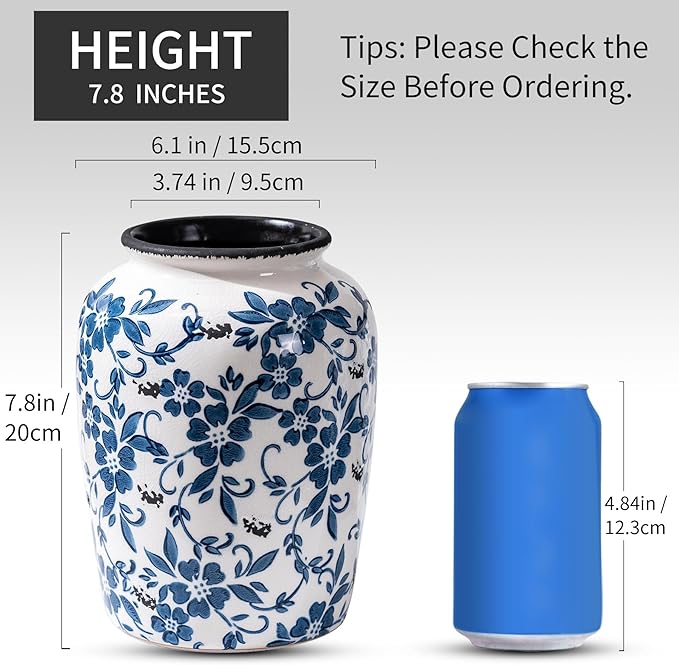 Blue and White Vintage Vase, Ceramic Chinoiserie Floral Vases, Retro Ice Cracked Round Farmhouse Rustic Large Flower Vases for Home Decor Centerpieces, Living Room, Bookshelf, Office 7.8 Inch