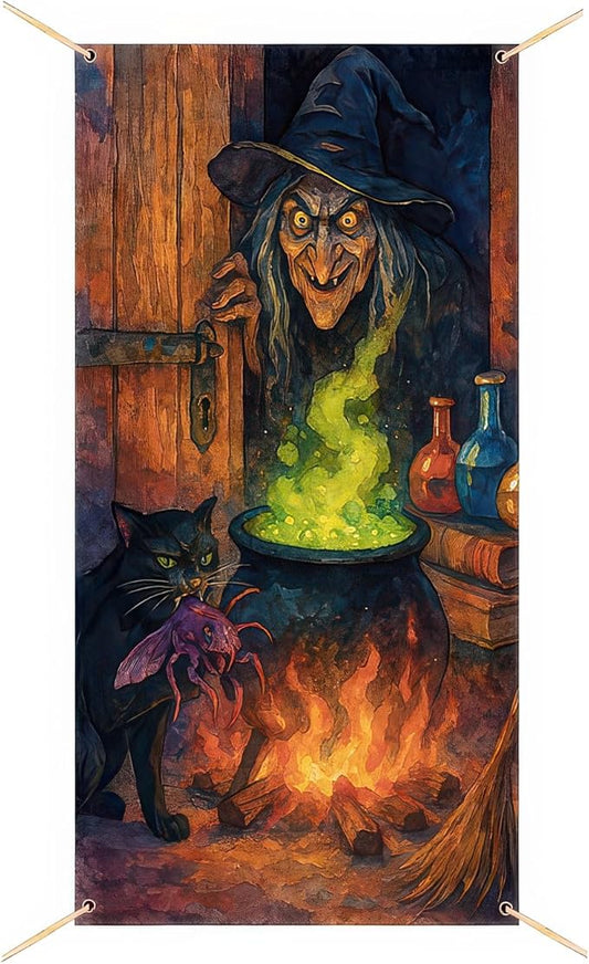 Witch Cauldron Door Cover Halloween Decorations 35x71 Inch Door Banner with Black Cat and Potion Green Fire Spooky Decor for Haunted House Party Indoor Wall Scene