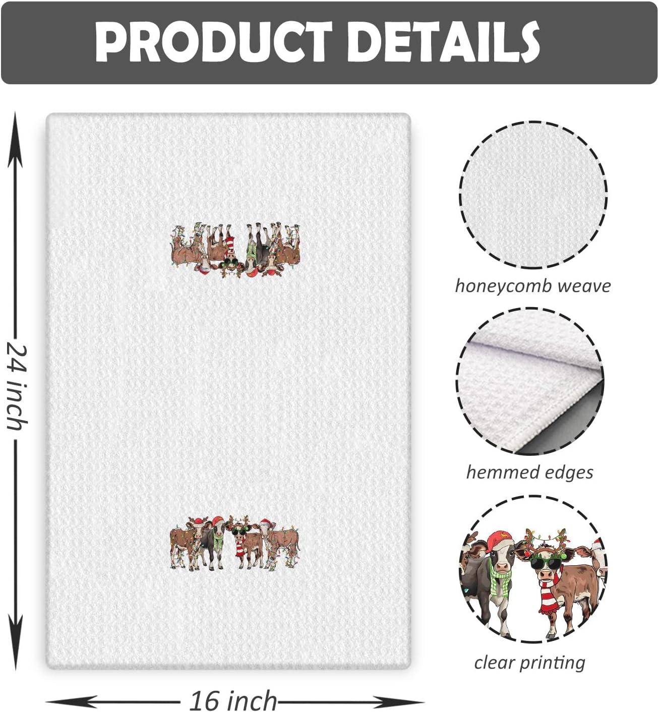 Cow Christmas Kitchen Towels, Funny Cow Decorative Hand Towels for Bathroom, Farmhouse Christmas Dish Towels Tea Towels for Kitchen, Christmas Bathroom Kitchen Decor, 16x24 Inches