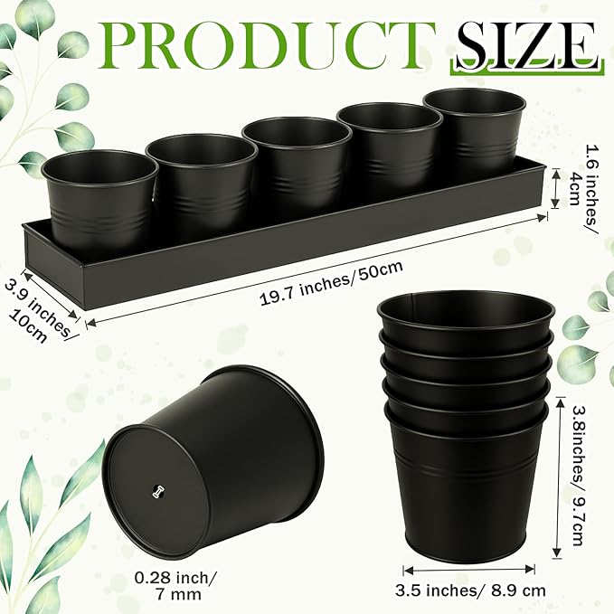 2 Sets Herb Garden Planter Indoor Kit with Trey 10 Pcs Metal Windowsill Plant Pots with Drainage Holes Indoor Herb Planter with Marker and Labels for Home Outdoor Plants (Black)
