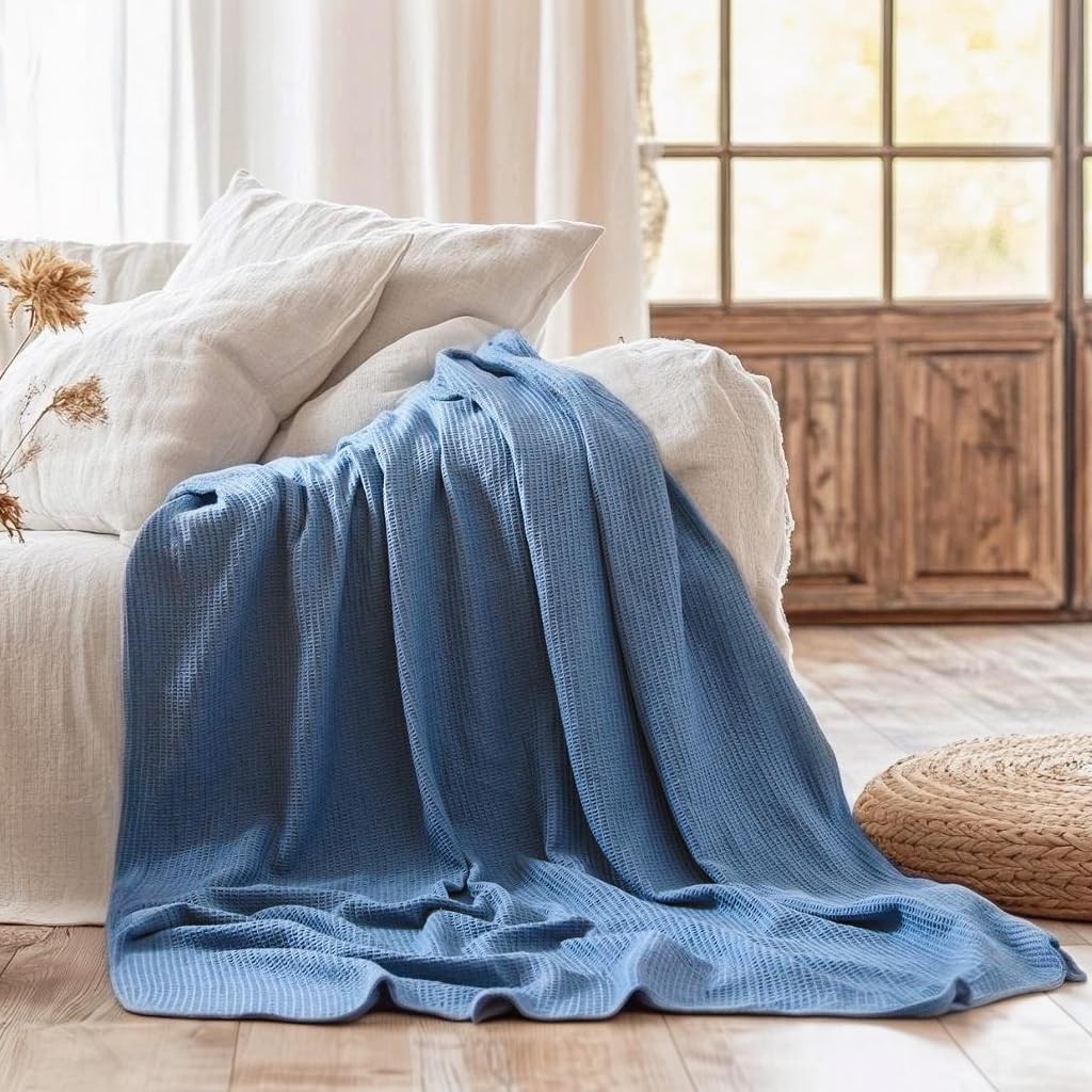 ISAENNE Blue Thin Waffle Weave 100% Cotton Throw Blanket,Solid Color Breathable Soft Cooling Blanket,Lightweight and Skin Friendly Blankets for Bed,Camp,All-Season Use,Christmas,80x60 Inches