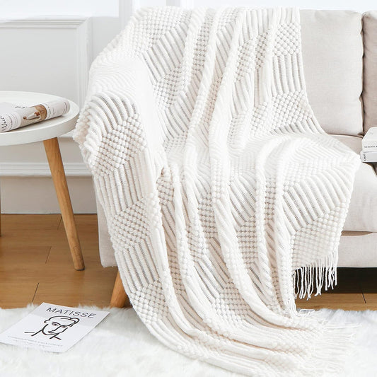 Blagic Knitted Throw Blanket for Couch Soft Farmhouse Boho Throw Blanket with Tassels Home Decorative Lightweight Throw Blankets,White Throws for Bed/Chair/Sofa, Pineapple Textured,50" W x 60" L