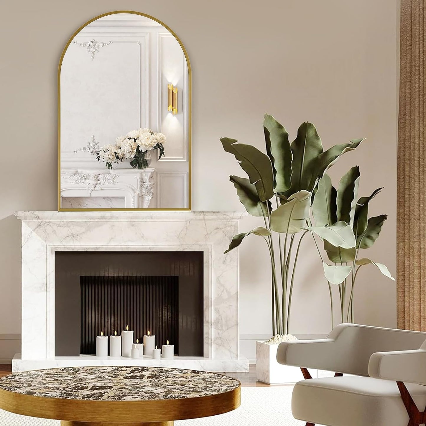 Large Gold Arched Mirror, 30" x 40" Modern Brushed Metal Frame Arch Wall Decorative Mirror, Arched Top Bathroom Vanity Mirror for Living Room Bedroom Hallways Entryway