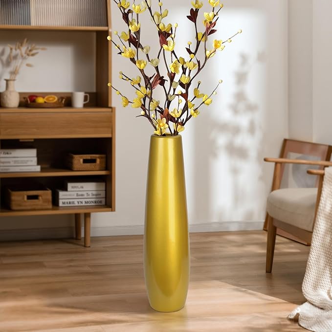 Gold Ceramic Tall Floor Vase,17.7 Inch Large Modern Flower Vases for Home Décor,Wicker Big Floor Vase Decorations for Farmhouse, Living Room,Bedroom,Standing Plastic Vase Decorative Tall