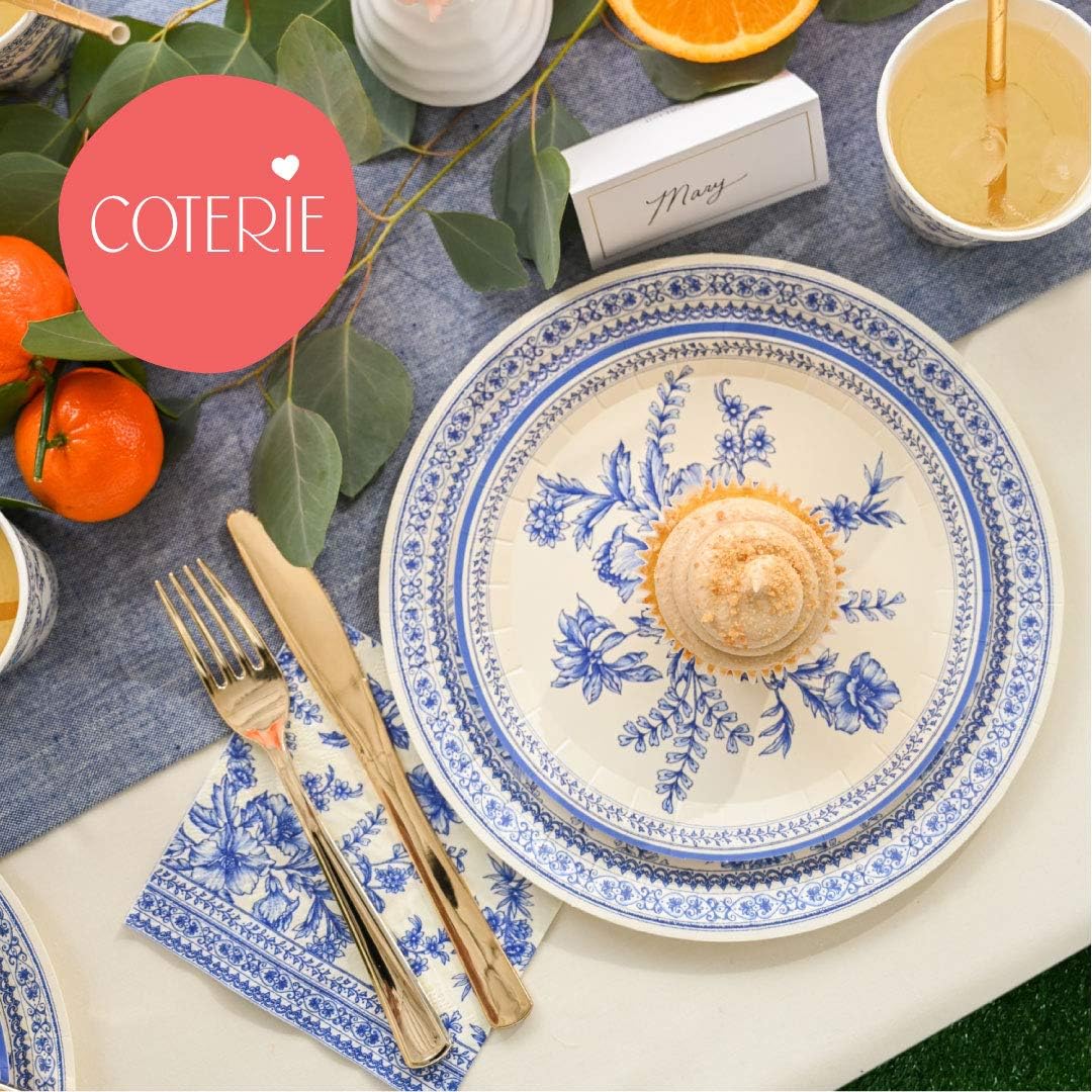 Coterie Blue Floral Paper Plates (Set of 10 Small plates) - Blue and White Paper Plates For Bridal and Baby Shower, Garden Party, Birthday Party - Floral Paper Plates | 7.25” Fancy Paper Plates