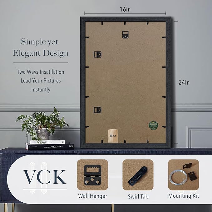 VCK 16x24 Frame for Poster & Picture - Black Oak 3 Pack, Natural Textured Solid Wood Frame, Wall Hanging