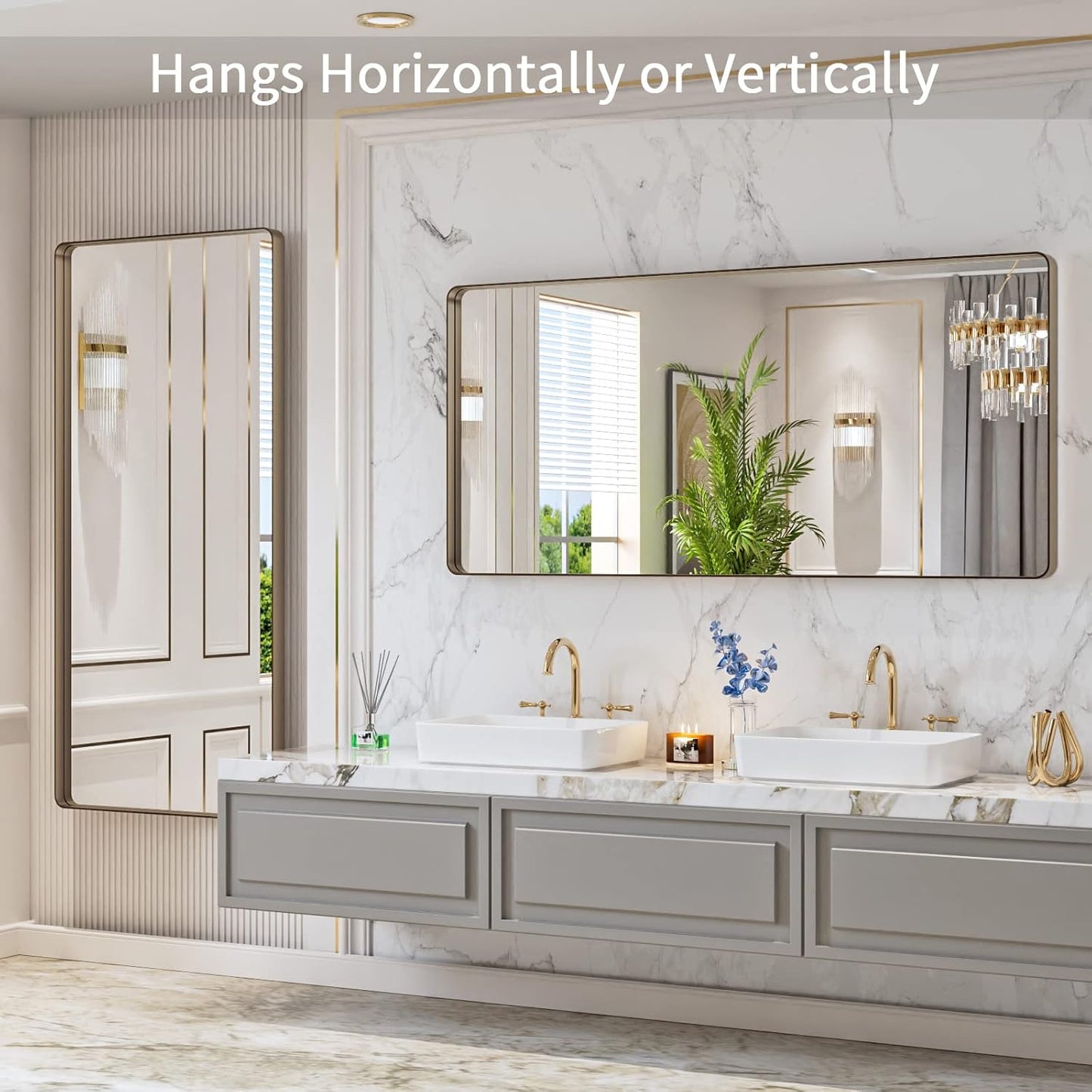 LOAAO 60”X28” Bronze Bathroom Mirrors for Vanity, Rounded Rectangle Brushed Bronze Metal Frame Mirror, Anti-Rust, Tempered Glass, Hangs Horizontally or Vertically