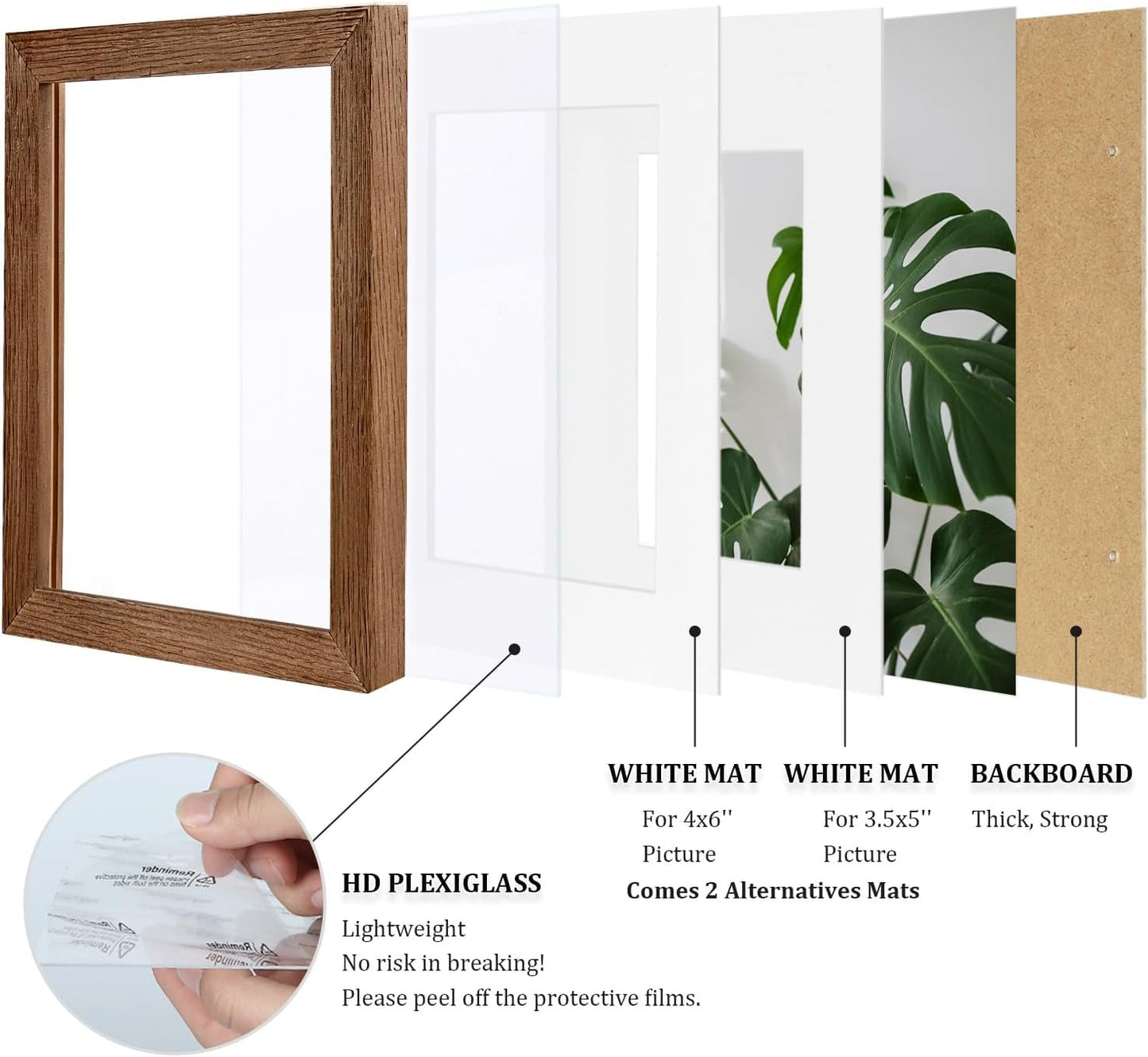 Egofine 5x7 Picture Frames Set of 4, Made of Solid Wood Covered by Plexiglass 3.5x5 and 4x6 with Mat or 5x7 without Mat, for Table Top Display and Wall Mounting Photo Frame,Walnut Brown