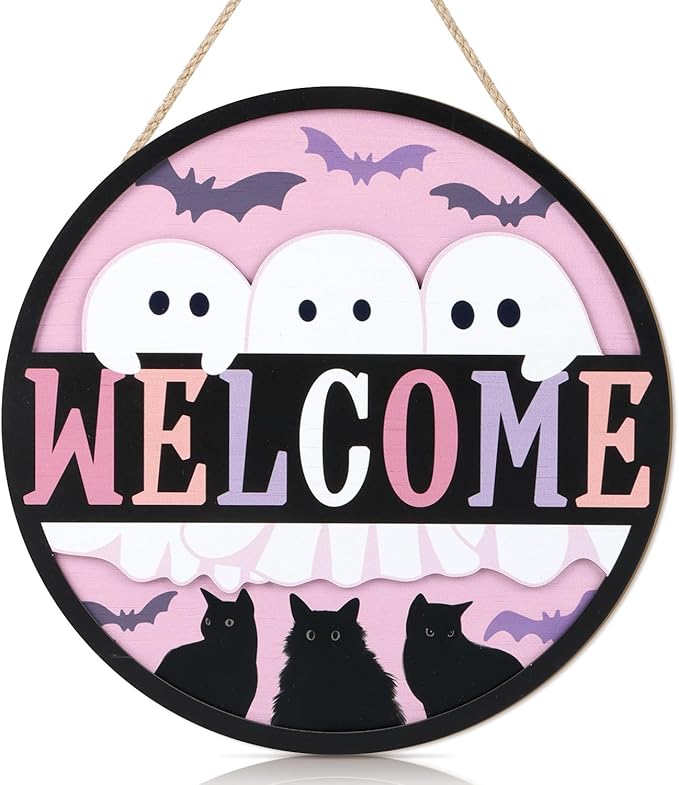 TOARTi 3D Halloween Welcome Front Door Sign Hanging(11.4x11.4''), Rustic Ghost Black Cat Bat Wall Sign Plaque, Farmhouse Halloween Wooden Wall Decor for Home Classroom Office
