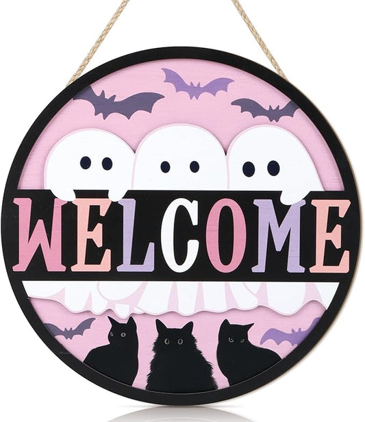 TOARTi 3D Halloween Welcome Front Door Sign Hanging(11.4x11.4''), Rustic Ghost Black Cat Bat Wall Sign Plaque, Farmhouse Halloween Wooden Wall Decor for Home Classroom Office