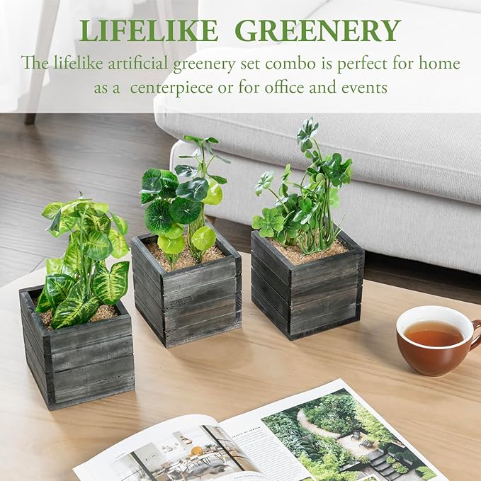 MyGift Trio of Artificial Assorted Green Leaf Plants Potted in Vintage Gray Wood Crate Style Square Boxes, Faux Foliage Indoor Tabletop Houseplants, 3 Piece Set