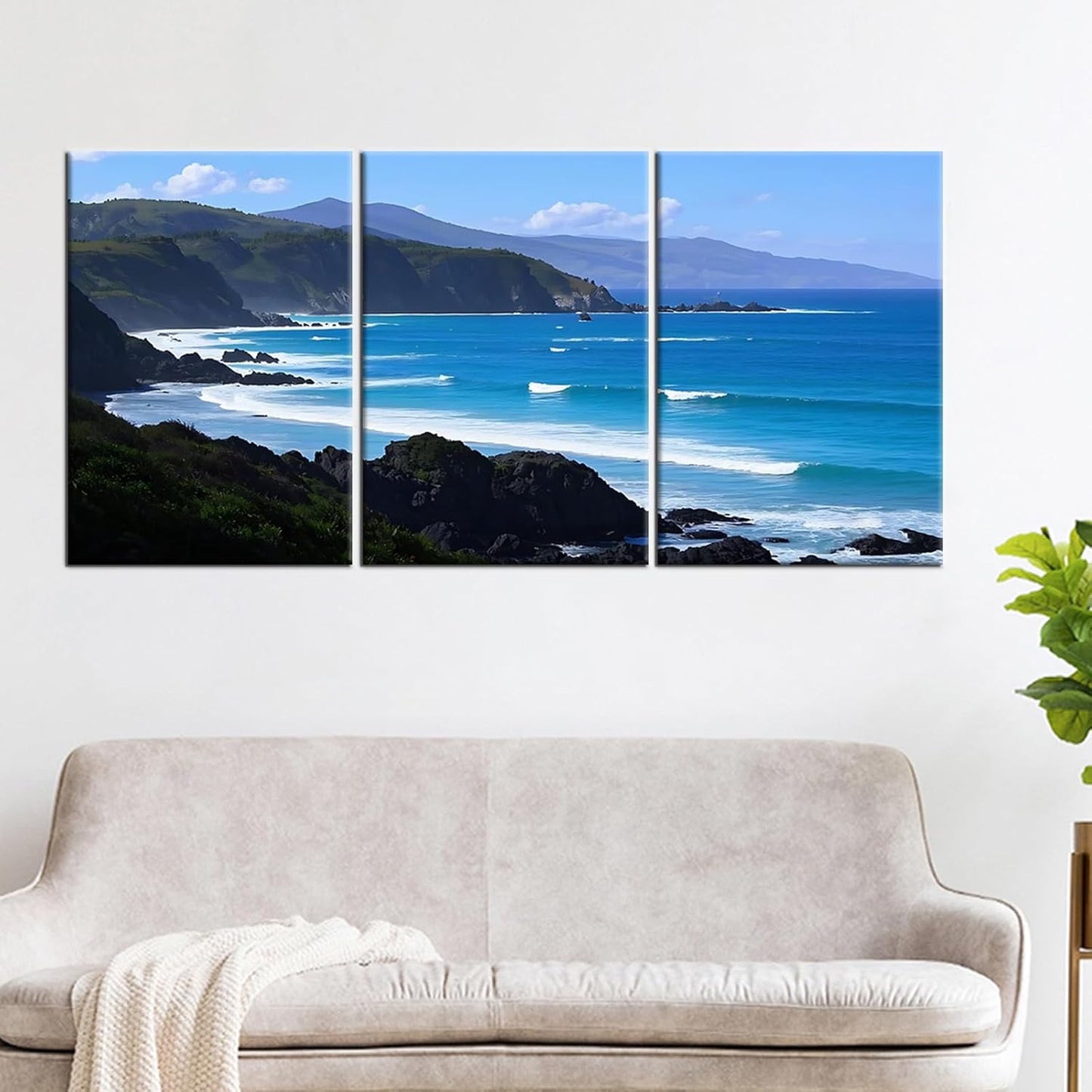 Beautiful Coastline Landscape Poster Print for Office Wall Decor Ocean Scenery Canvas Wall Art Nature Landscape Summer Wooden Framed Painting Artwork for Living Room Hotel Ready to Hang [60''Wx28''H]