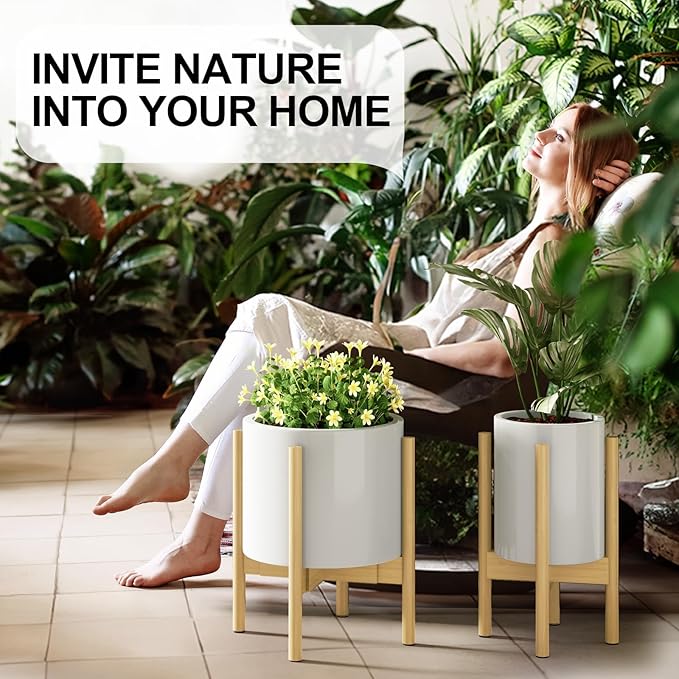 MUDEELA 14.5 Inch Tall Plant Stand for Indoor, Adjustable Width Bamboo Plant Stand for 8 9 10 11 12 Inches Pot, Single Tier Planter Holder Floor Stand, Mid Century Modern Style, Natural, Without Pot