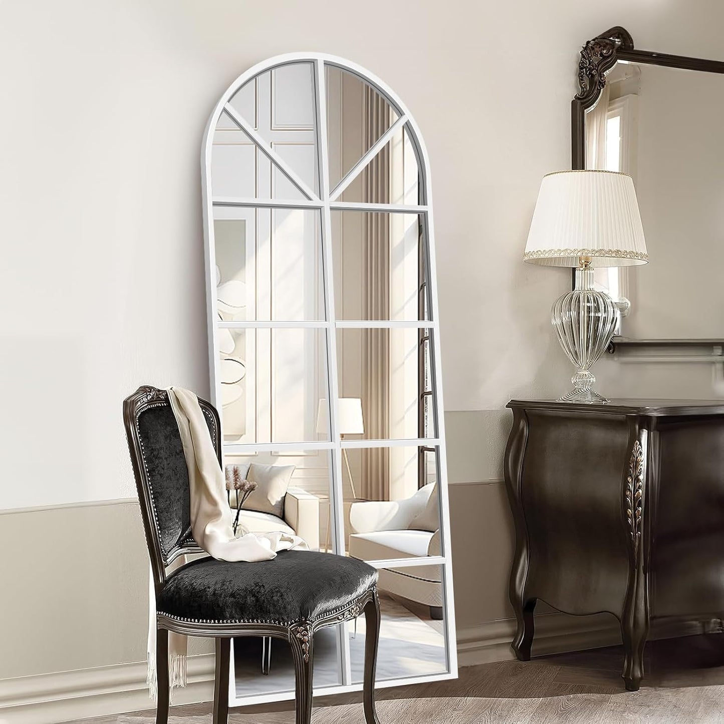 Floor Full Length Mirror, White Arched-Top Mirror Full Length, Large Window Pane Body Mirrors, 65"x22" Wall Mounted Standing Mirrors Hanging or Leaning for Bedroom, No Stand