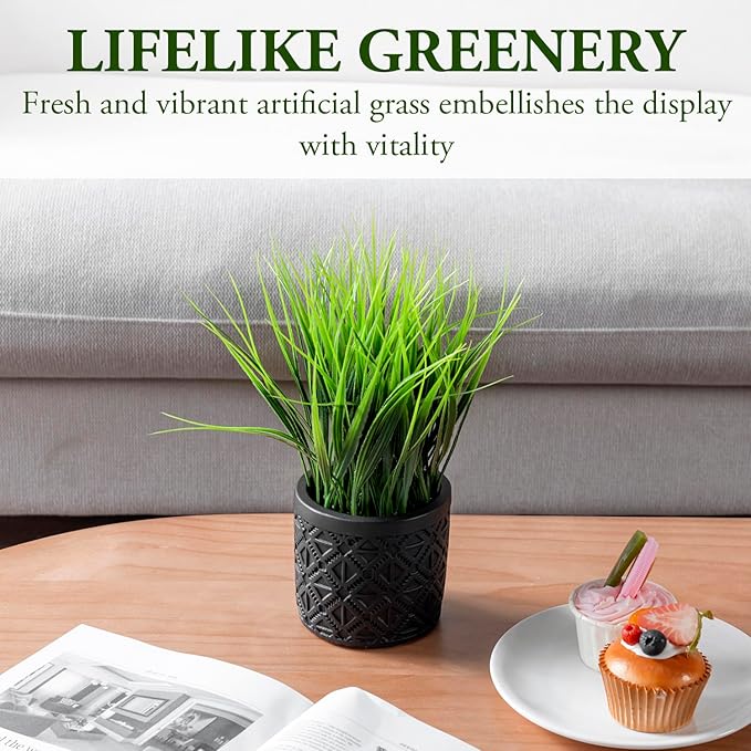 MyGift Artificial Green Grass Plant in Modern Black Concrete Pot with Geometric Embossed Pattern, Tabletop Faux Greenery Decorative Round Cement Planter Home Decor