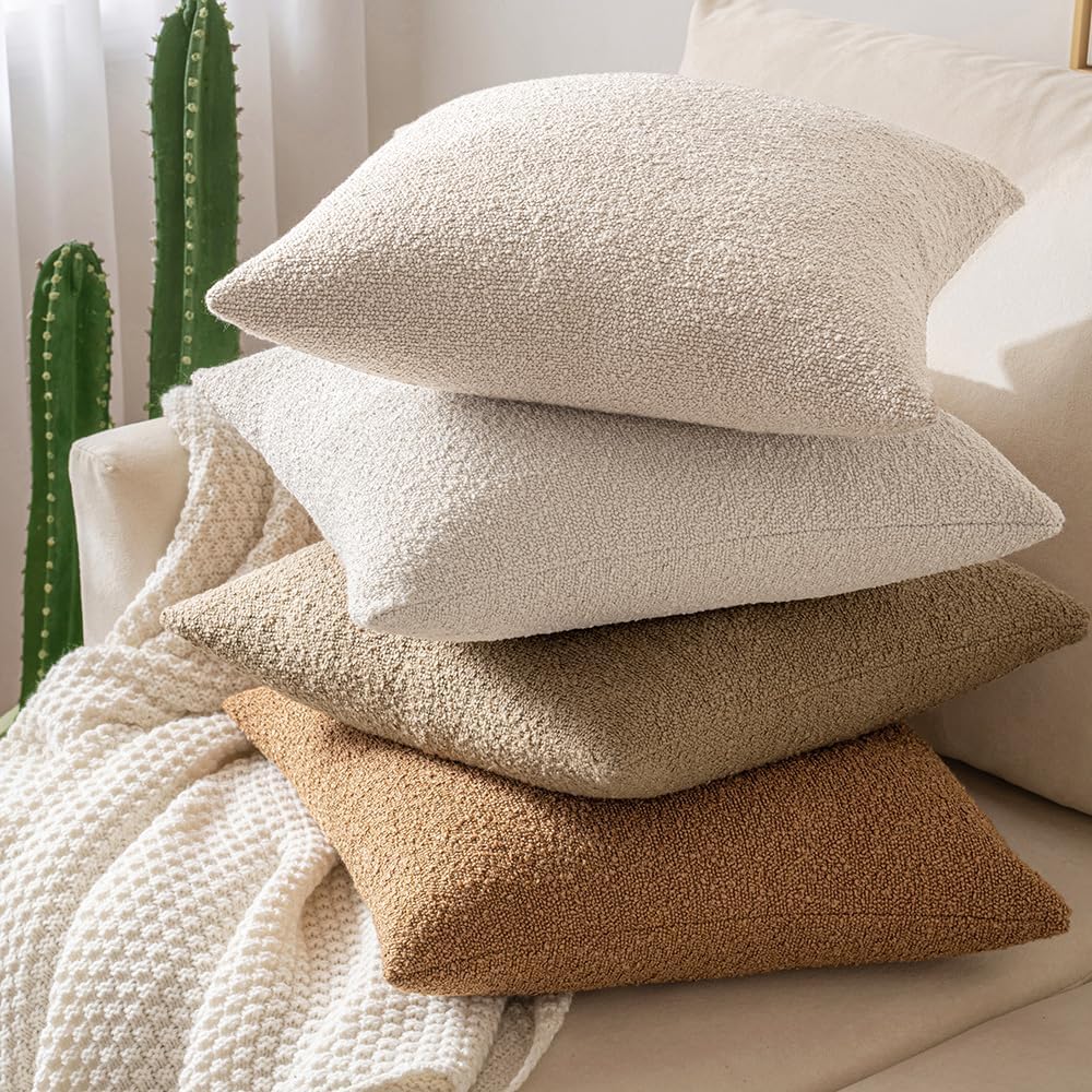 MIULEE 24x24 Decorative Euro Sham Throw Pillows for Bed Set of 2 Textured Boucle Neutral Winter Throw Pillow Covers Oatmeal Accent Solid Couch Pillowcases Sofa Livingroom Home Decor