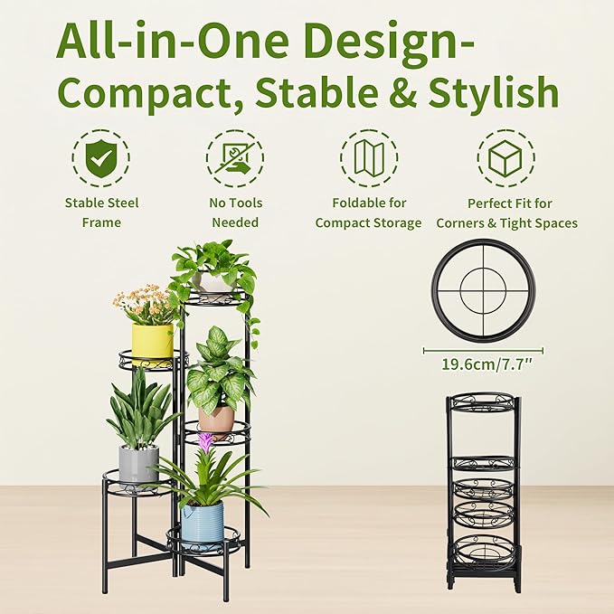 Metal Plant Stand Indoor Outdoor, 5 Tier 5 Potted Multiple Plant Shelf Stands, Wrought Iron Flower Holder Shelf, Folding Tall Rack Shelf for Patio, Balcony, Corner Living Room - BlackCircle