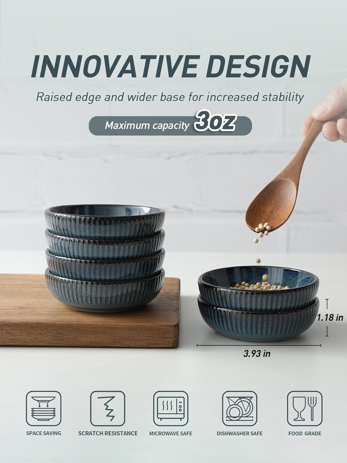 famiware Starlight Soy Sauce Dish Ceramic Dipping Bowls Set of 6, 3 oz Individual Dip Sauce Cups/Bowls/Dishes/Plates, Small Serving Bowl for Side Dishes, Dessert, Ice Cream, Condiment, Starry Blue