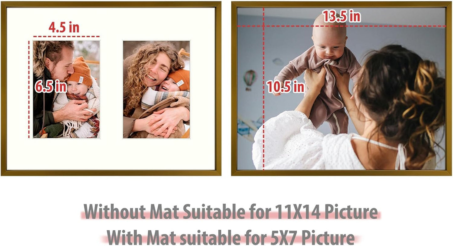 Frametory - 11x14 Aluminum Collage Picture Frame - Display 5x7 Pictures with 2 Openings Mat - Real Glass Front - Horizontal/Vertical Wall Mount - Bronze 1 Pack