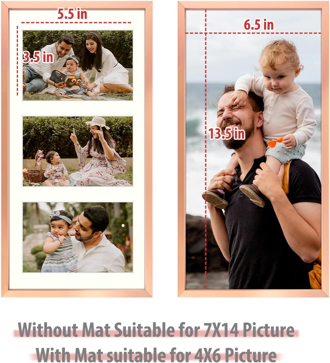 Frametory - 7x14 Aluminum Collage Picture Frame - Display 4x6 Pictures with 3 Openings Mat - Real Glass Front - Horizontal/Vertical Wall Mount - Rose Gold 1 Pack