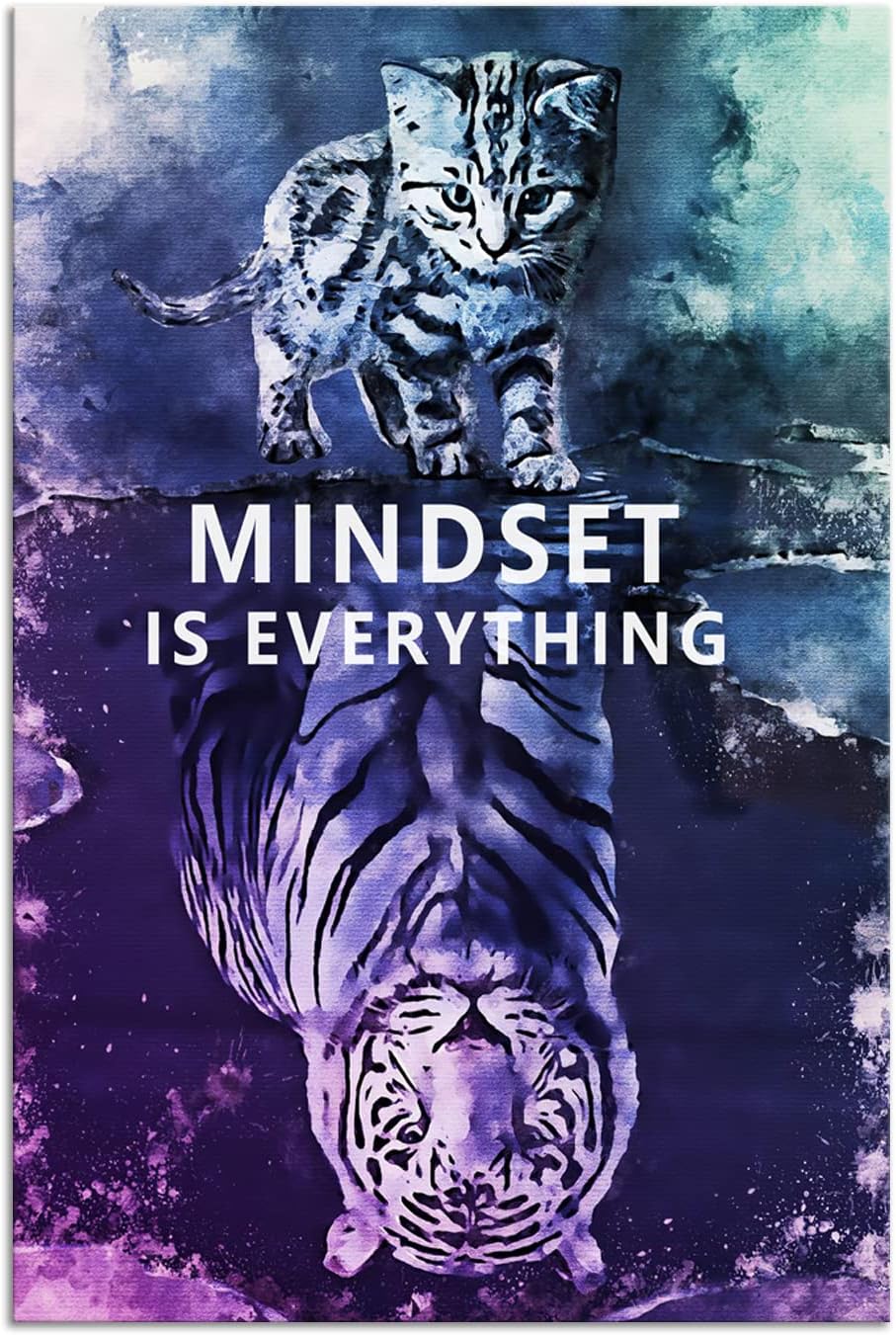 Mindset is Everything Inspirational Canvas Wall Art Small Cat Big Tiger Picture Prints Poster Modern Motivational Painting Artwork Home Office Wall Decorations Framed Ready to Hang[12"W X 18"H]