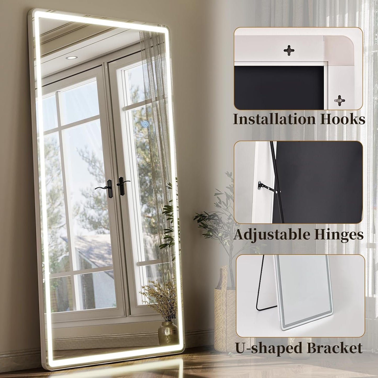 GLSLAND LED Full Length Mirror - 71"x30" Floor Standing Mirror with Light for Bedroom/Cloakroom -Dimmable & 3 Color Lighting/Wall Mounted Full Body Mirrors