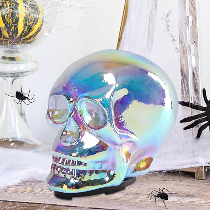 VCUTEKA Halloween Skull Human Light Indoor Decoration Skull Statue Halloween Sculptures with Colorful Light for Party Horror Decoration Holiday Decor Glass Figurines Gift