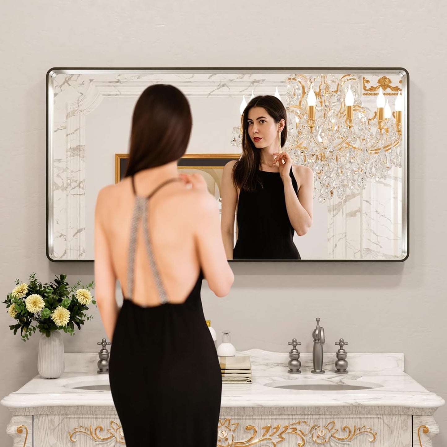 LOAAO 55X30 Inch Brushed Nickel Bathroom Mirror, Rounded Rectangle Silver Metal Frame Mirror, Brushed Nickel, Anti-Rust, Shatter Proof, Hangs Horizontally or Vertically