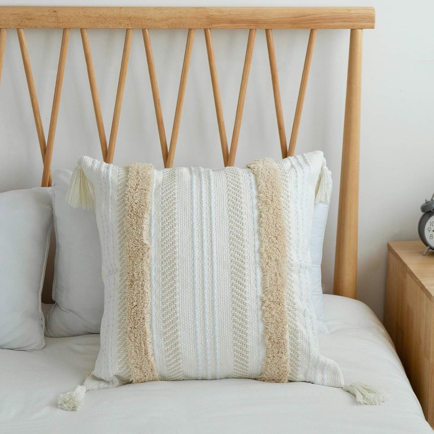 blue page Boho Tufted Throw Pillow Cover 24x24, Neutral Woven Decorative Square Pillow Case for Couch or Bed, Modern Farmhouse Accent, Yellowy Cream