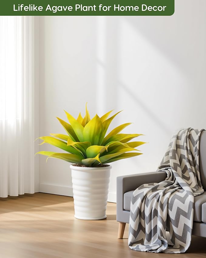 Velener Artificial Agave Plant Set, 28 Inch, Faux Aesthetic Plants for Home Decor, Realistic UV Resistant Fake Yellow Agave Plants Without Pot, Set of 2