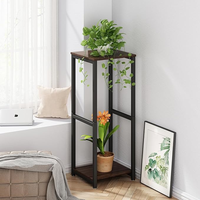 Plant Stand Indoor Corner Tall 2 Tier Metal Modern Flower Storage Plant Shelf Holder for Living Room Balcony Garden,Black Oak (2 Tier-Black Oak)