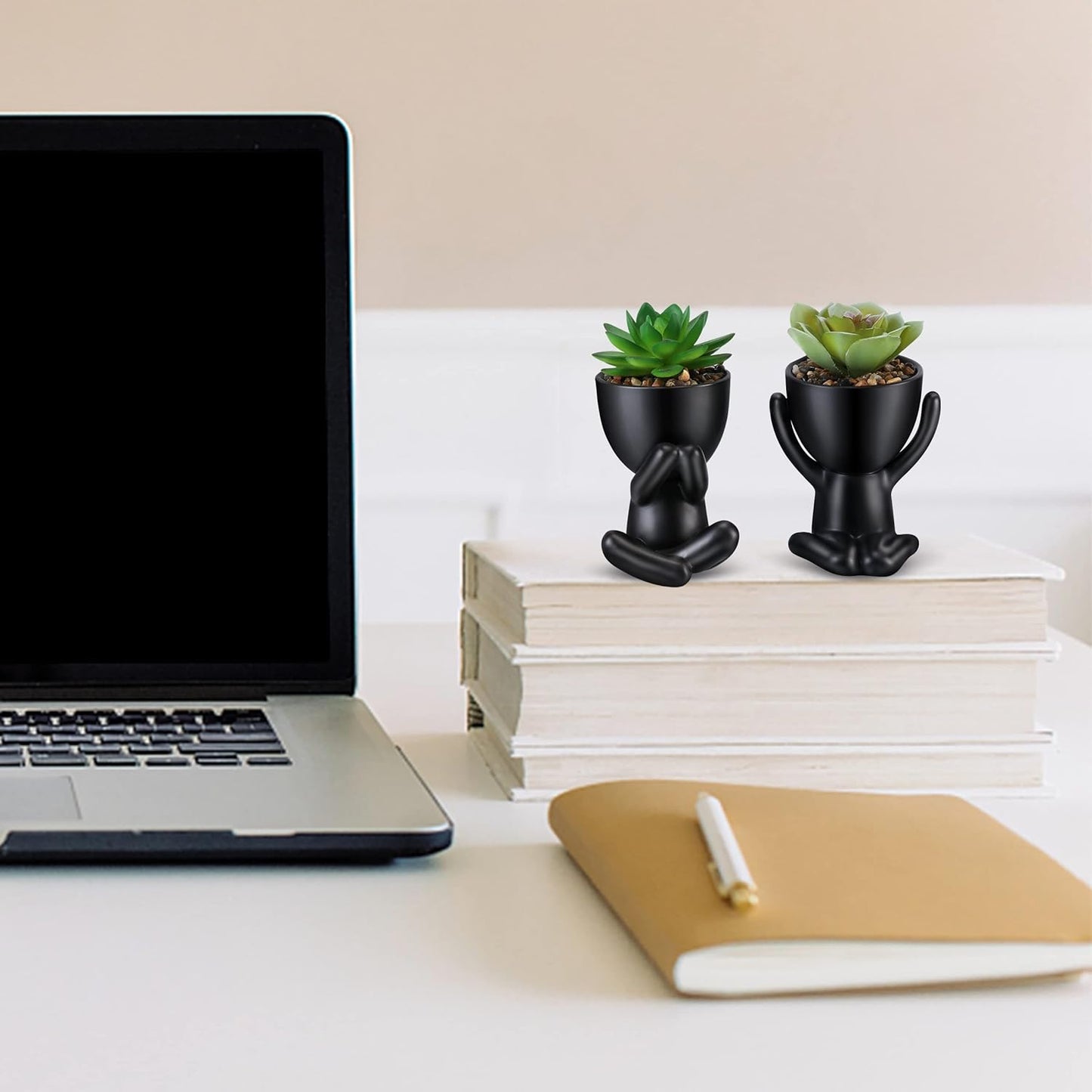 Fake Succulent, Mini Succulents Plants Artificial in Black Modern Human Shaped Ceramic Pots Desk Decor Desk Plant for Office Decor for Women, Cute Fake Plants Bathroom Decor 2PCS