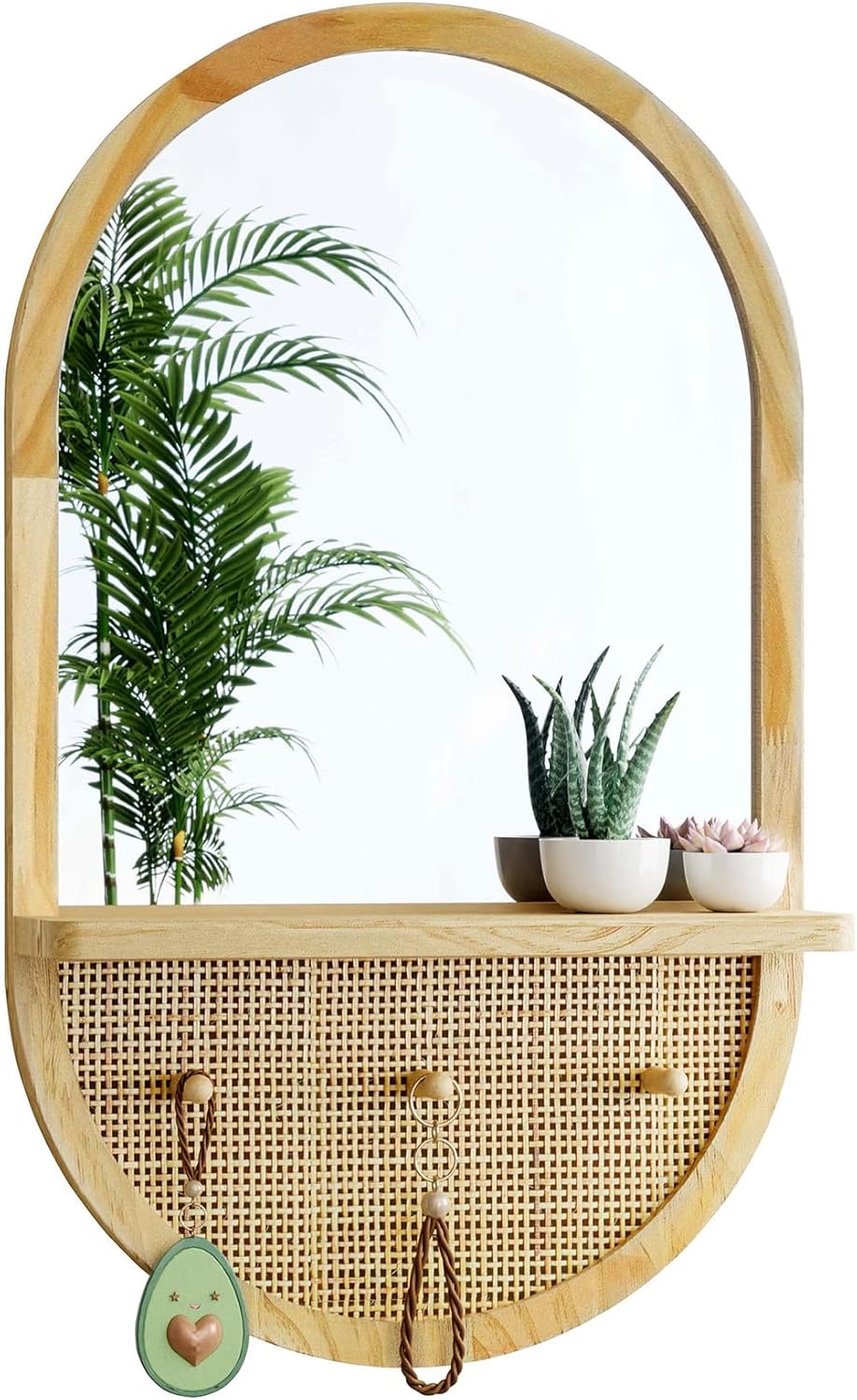 Entryway Mirror with Hooks, 30x18 Inch Boho Wall Mirror with Removable Shelf, Oval Solid Wood Framed, Handmade Rattan Wall Mirror for Over Sink, Bathroom, Bedroom, Living Room, Hallway, Vanity