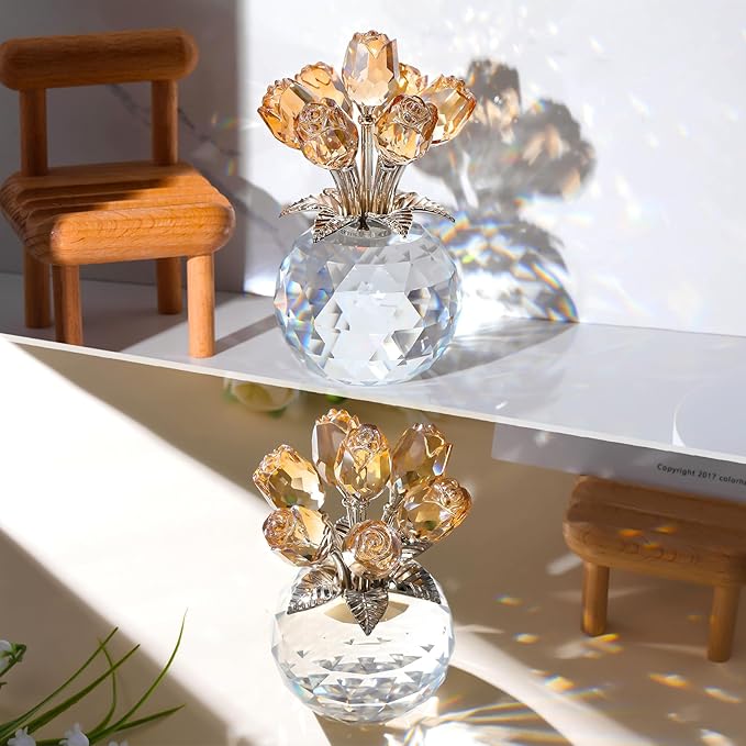 Ornalrist Crystal Gold Roses Figurine, Glass Roses Bouquet Collectible Decor Gifts for Wife Women Mom on Mother's Day Valentine's Day Wedding Anniversary