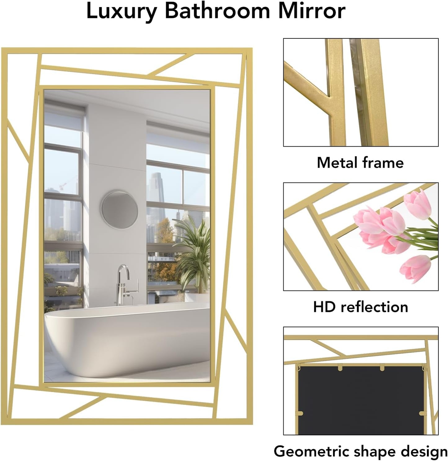 Gold Bathroom Mirror, 36''X24'' Decorative Wall Mirrors with Geometric Metal Frame for Living Room, Bedroom, Bathroom, Entrance, Expands Space, Horizontal/Vertical