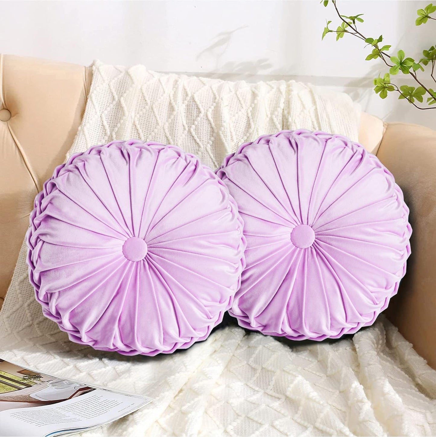 HIG Set of 2 Decorative Round Pleated Throw Pillows,Classy Accent Pumpkin Throw Pillows with Center Button,Vintage Velvet Floor Pillows for Sofa Vanity Chair Bed,Light Purple,14.7" Diameter(Ripple)