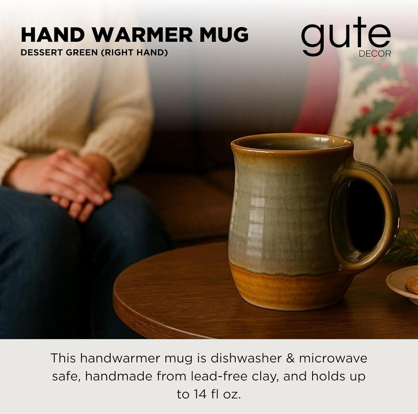 GUTE Hand Warmer Mug, Handmade Pottery Ceramic Hand Painted - Contoured Pocket Holds Warmth From The Heat Of Your Drink To Keep Your Fingers Warm, Comfy Handwarmer (Right hand)