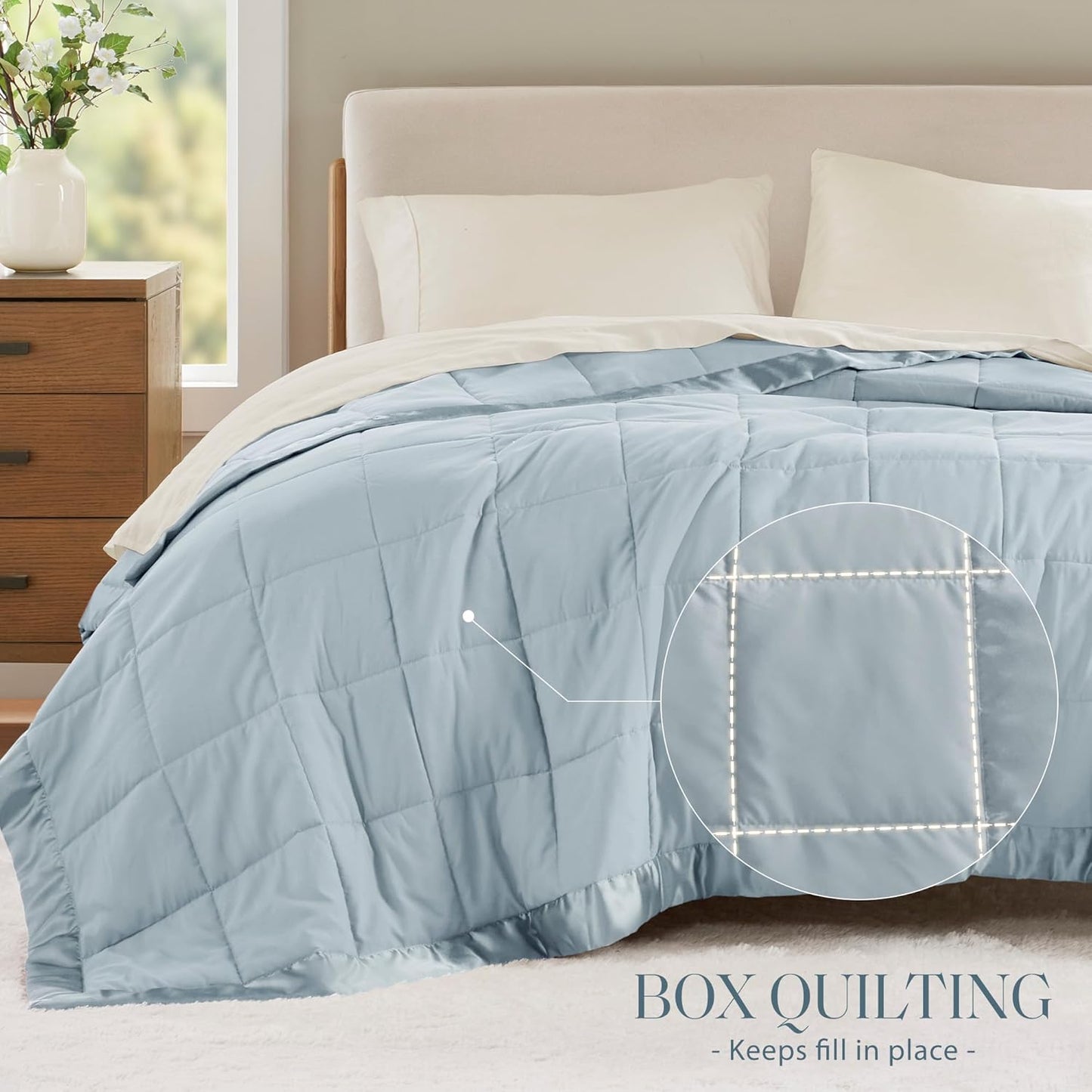 Madison Park Windom Down Alternative Blanket, Premium 3M Scotchgard Moisture Wicking Treatment, Lightweight and Soft Bed Cover For All Season, Satin Trim, Blue King